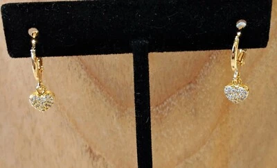 NUEVOS DELICADOS PENDIENTES COLGANTES CORAZÓN CHAPADOS EN ORO DE 18KT ARO PERFORADO CRISTAL Foto 1 de 4