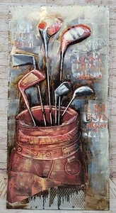 Novelty New 3d Golfer wall decor framed Metal Wood painting wall hanging Gift - Picture 1 of 9
