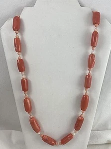 Handmade ~ Sterling Silver .925 ~ Barrel Shaped Salmon Coral Beaded 27" Necklace - Picture 1 of 10