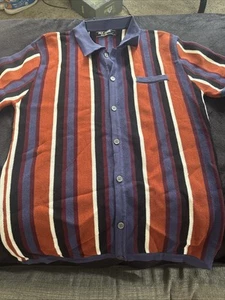 Men’s Size Small Paul Jones Button Down Brown Striped Short Sleeve Knit Polo - Picture 1 of 7