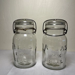 Lot Of 2 Vintage ATLAS E-Z SEAL MASON Canning Jar with Lids & Old Style BAIL D - Picture 1 of 14