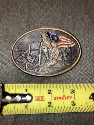 Vintage Brass Belt Buckle George Washington Crossing the Delaware w/ enamel flag - Image 1 of 2