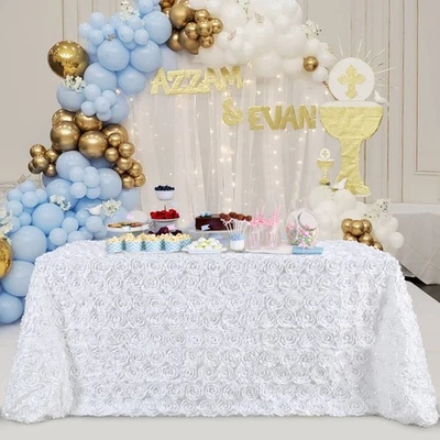 B-COOL Rosette Tablecloth: Rectangular White Table Covers 3D Floral Satin - Image 1 of 4