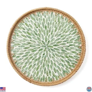Round Rattan Tray with Mother of Pearl Inlay, Woven Serving Basket for Fruits - Picture 1 of 6