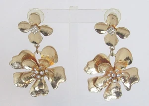 Fancy Gold Metal Magnolia Flower Rhinestones Elegant Dangling Earrings - Picture 1 of 7