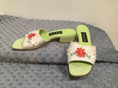 Sandalias vintage para mujer ZALO Slides verde/beige floral de lona talla 7,5 M Foto 1 de 4