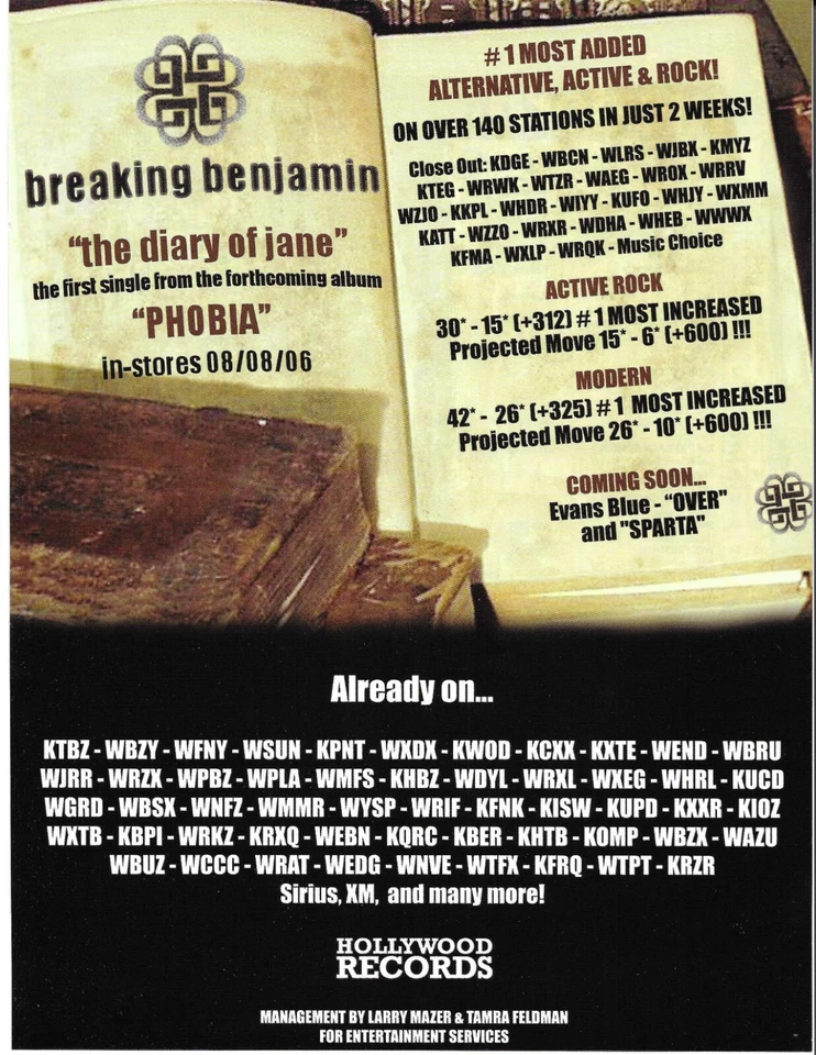Póster de anuncio de comercio promocional 2006 diario vintage Breaking Benjamin para CD Phobia 8,5x11 Foto 1 de 1
