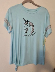 Girls Light Blue T-Shirt With Unicorn, Sliver Glitter And Knot, XL(16-18) - Picture 1 of 7