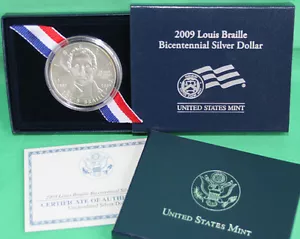 2009 US Mint Louis Braille BU Commemorative Silver Dollar Coin with Box & COA - Picture 1 of 3