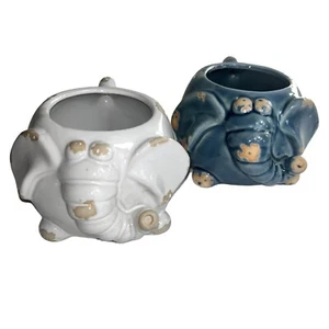 Elephant Mugs 2 Meritage Stoneware Coffee Cup Blue White 15 oz Wax Resist Glaze - Picture 1 of 9