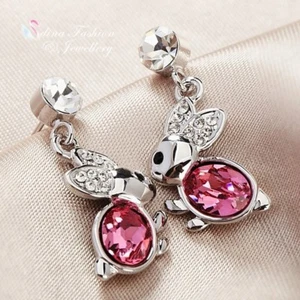 18K White Gold Plated Made With Swarovski Crystal Lovely Pink Bunny Earrings - Picture 1 of 4