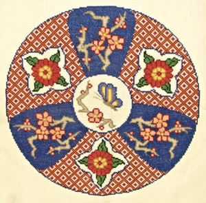 Finished Completed Cross Stitch~6 section 11 1/2" CIRCLE~Blues/Reds/Butterfly - Picture 1 of 4