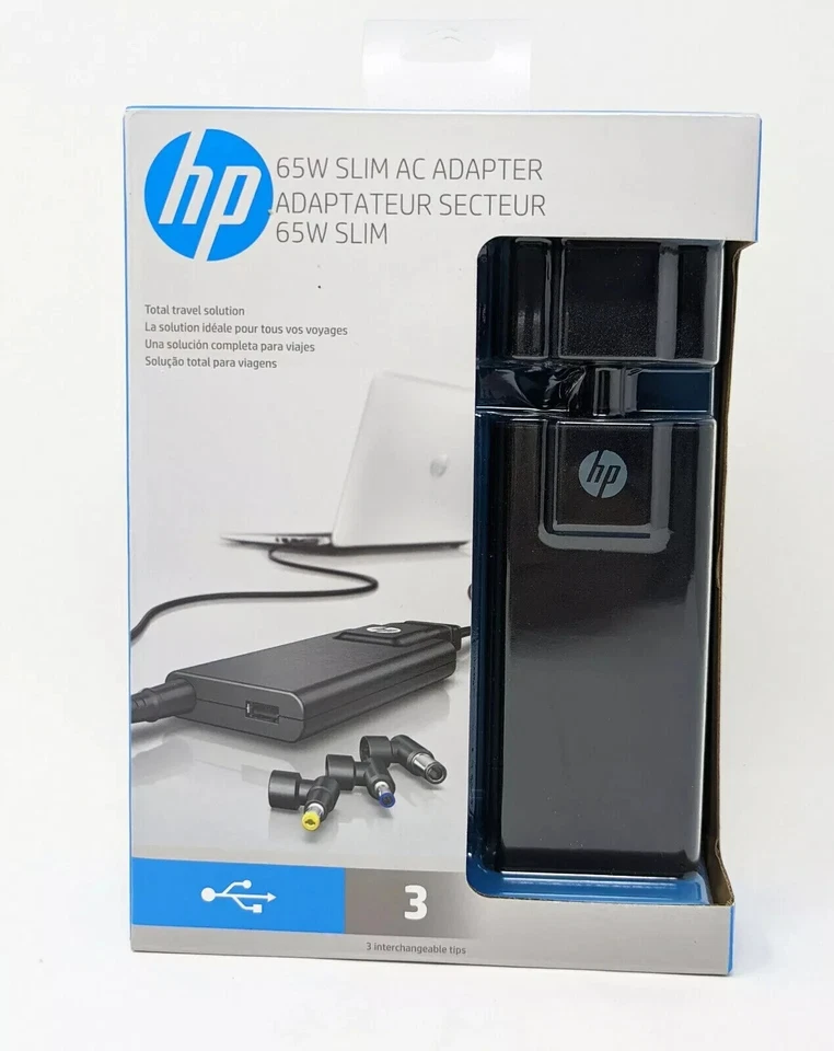 HP 65W Slim AC Adapter G6H47AA w/ 3 Interchangeable Tips for Travel - Image 1 of 1
