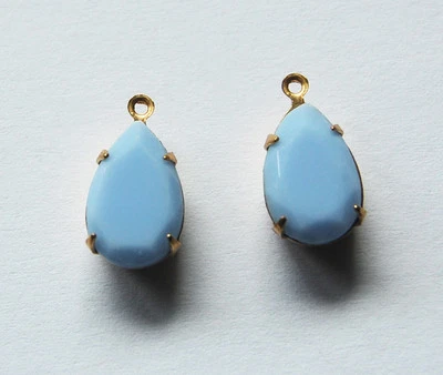 VINTAGE 2 LIGHT BLUE OPAQUE GLASS PENDANT BEAD PRONG SET BRASS • 13x8.5mm  - Image 1 of 2
