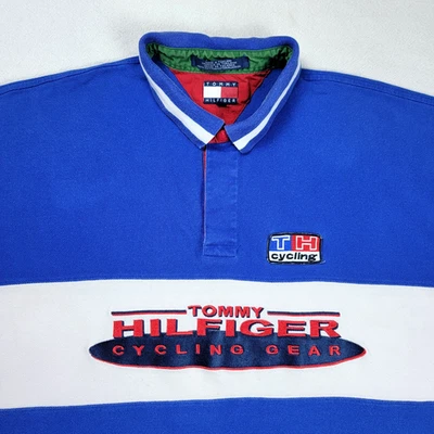 Camisa polo vintage Tommy Hilfiger equipo de ciclismo para hombre talla 2XL azul a rayas años 90 Foto 1 de 4