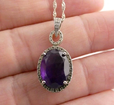 Colar pingente de prata esterlina corte oval ametista 925 3,9 g 18 polegadas - Imagem 1 de 4