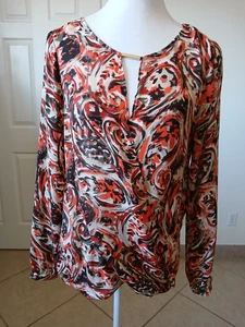 Michael Kors Womens Blouse Orange Brown Paisley Long Sleeve Chiffon Size 2 - Picture 1 of 18
