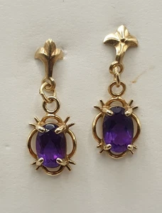 9ct Yellow Gold and Amethyst Traditional Drop Earrings Delicate Dainty Classic - Picture 1 of 10