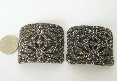 Antique French Cut Steel Shoe Buckles Pair Large Marcasite Iridescent Blue Color - Image 1 of 4