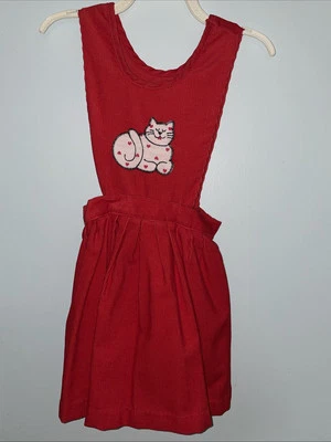 Vintage Health-Tex Red Corduroy Toddler Girl Dress Size 6 - 80’s - Cat - Hearts - Image 1 of 4
