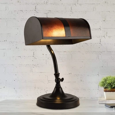 Banker's Lamp - Mission-Style LED Table or Desk Light with Amber Mica Shade a... - Image 1 of 4