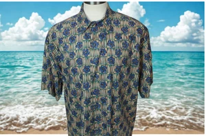 KAHALA Men’s Hawaiian Camp Shirt All Cotton Blue Beige Colorful Floral 2XL - Picture 1 of 12