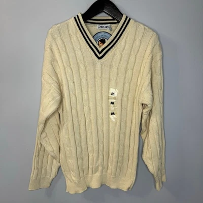 Cherokee Vintage Tennis V-Neck Cable Knit Sweater Cream Cotton Men's M New   - Image 1 of 4