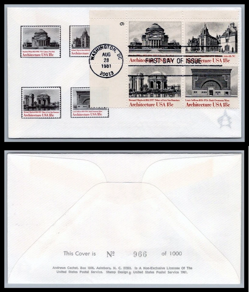 US FDC # 1928-1931 18c Architecture  Andrews Plate Block 6 UL 1981, 9Q1041 - Image 1 of 1