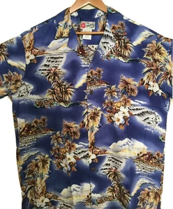 Hilo Hattie Hawaiian Shirt Mens XL Extra Large Blue Islands Palms Short Sleeve - Picture 1 of 8