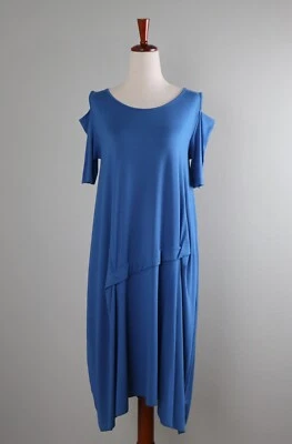 COMFY USA NWT $138 Blue Soft Modal Cold Shoulder Asymmetric Dress Size Small - Image 1 of 4