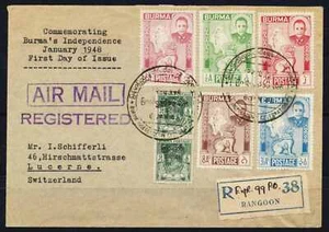BURMA Myanmar to SUISSE 1948 General Aung San Set on Independence Reg Cover FDC - Picture 1 of 2