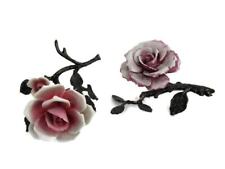 Two Porcelain Roses Herend Style Pink Flowers Lovely Chrome Leafs