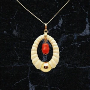 RARE Kai Yin Lo 14k Gold Antique Red Coral & Scalloped Bone Pendant Necklace - Picture 1 of 10
