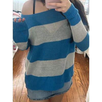 THEORY Women's Sz Small Blue Gray Striped Boat Neck Sweater Spring Knitwear - Image 1 of 4
