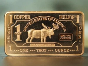 1 oz One Troy Ounce USA Moose .999 Fine Copper Bar Cu Element CMC - Picture 1 of 6