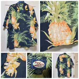 Tommy Bahama Shirt Men XXL Black Green Hawaiian Floral Pineapple Looped Collar - Picture 1 of 18