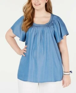 STYLE & CO Pleated Scoop Neck Flutter Sleeve Lyocell Chambray Top 0X NWT $59.50 - Picture 1 of 3