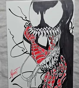 Boceto artístico original de Venom and Spider-Man de Marat Mychaels 10,5" X 7,0" color - Imagen 1 de 2