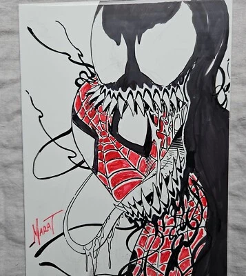 Esboço de arte original Venom and Spider-Man por Marat Mychaels 10,5" X 7,0" colorido - Imagem 1 de 2