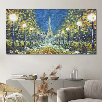 Ölgemälde Park Bäume Eiffelturm Nacht 140x70 Canvas Wandbild Leinwand Bilder - Bild 1 von 4