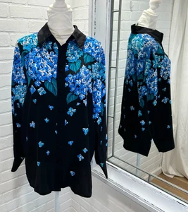 Blusa De Colección Bob Mackie Usable Arte 100% Seda Estampado Hortensia Cuentas Talla Pequeña - Imagen 1 de 7