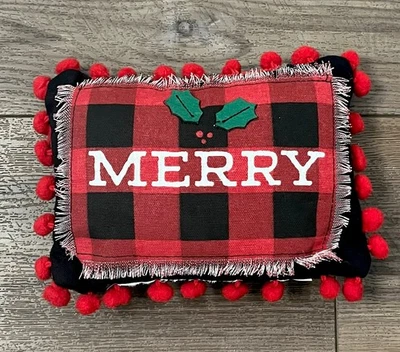 Red and Black Buffalo Plaid 8X5 in  Christmas Pillow Merry with Pom Poms - Image 1 of 4