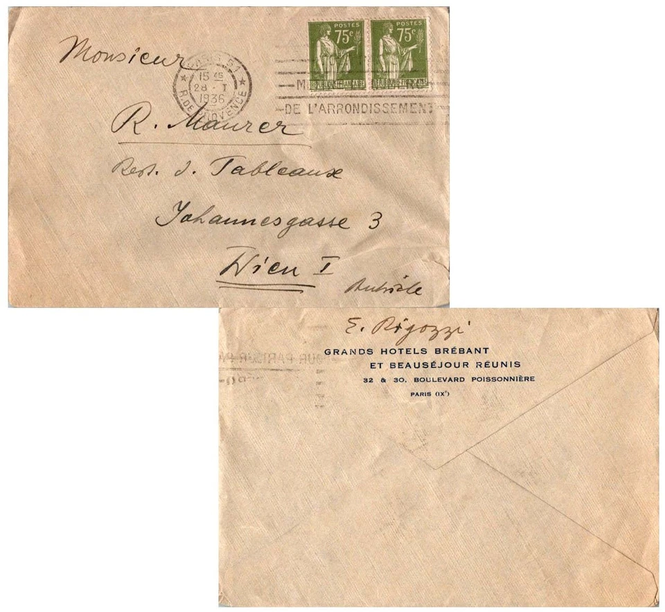 Francia 75c Peace Holding rama de olivo (2) 1936 París 51, R. de Provence a Viena Foto 1 de 1