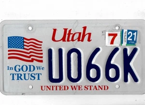 UTAH passenger 2021 license plate "U066K" ***IN GOD WE TRUST/UNITED WE STAND*** - Picture 1 of 1