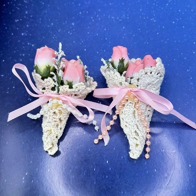 2 Vtg Pink Rose Brooch Boutonnier Corsage Floral Bouquet Crochet Pearl Ribbon - Image 1 of 4