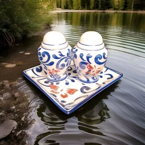 Pier 1 One Imports Butterfly Blossom Salt & Pepper Shaker & Plate Hand Painted - Picture 1 of 6