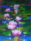 acrylic painting on panel with pink lotuses or pink water lilies 12 x 16 inches