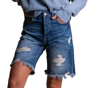 Kan Can Women's Size S High-Rise Jean Boyfriend Shorts, Distressed Denim Bermuda - Picture 1 of 4