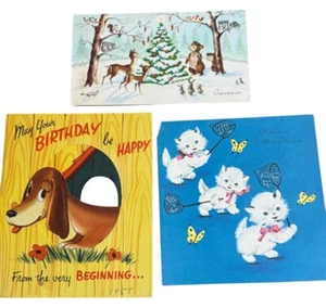 3 Christmas Birthday Kittens Butterflies Sunshine Vintage Greeting Cards 1950’s - Picture 1 of 5