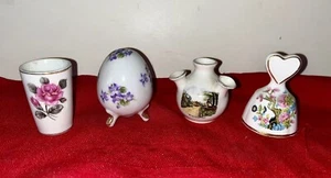 LOT 4 MINI 2.5-3” PORCELAIN BELL TOOTHPICK HOLDER EGG SHAPED SHAKER & VASE - Picture 1 of 19